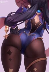 ass bodysuit female from_behind genshin_impact huge_ass iwbitu leotard mona_(genshin_impact) pantyhose round_ass thick_thighs wide_hips