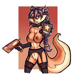 1:1 absurd_res anthro areola breasts canid canine carmelita_fox clothing ear_piercing ear_ring female female_focus female_only fox garter_belt garter_straps genitals gloves gun handwear hi_res legwear lingerie looking_at_viewer luraiokun mammal nipples piercing police_badge pussy shock_pistol sly_cooper_(series) smooth_fur solo sony_corporation sony_interactive_entertainment stockings sucker_punch_productions video_games weapon year_request