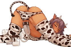 1boy 2021 ass bent_over blush brown_hair butt cow_ears cow_horns cow_print cow_tail cum cum_in_container cum_in_jar cute cute_male femboy femboy_milk girly male male_only milking_machine original panties penis penis_milking seraziel shirt solo thighhighs trap yaoi year_of_the_ox yellow_eyes