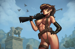 1girls belt bikini bikini_bottom bird breasts brown_eyes brown_hair cleavage elbow_gloves face_markings female female_only gloves gun hand_on_hip metal_gear_solid metal_gear_solid_v molly_skyfire navel ponytail quiet_(metal_gear) revealing_clothes sideboob signature solo straps thigh_strap tight_clothing