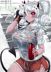 braless demon_girl demon_horns demon_tail gym gym_shorts haraya heart heart_eyes helltaker inside looking_at_viewer modeus_(helltaker) nipples_visible_through_clothing ponytail soft_shading spade_tail steam straight_hair sweat t-shirt three-quarter_portrait towel treadmill water_bottle wet wet_clothes wet_shirt white_hair wiping_face wiping_sweat wristband