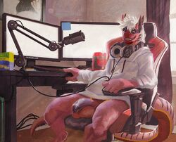 2021 anthro balls bottomless box casual_exposure chair clothed clothing computer desk dragon eyrich flaccid foreskin furniture gariyuu genitals hair headphones headphones_around_neck hoodie humanoid_genitalia humanoid_penis inside keyboard_(computer) looking_at_viewer male microphone monitor penis scalie sitting smile solo topwear uncut