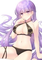 1girls absurdly_long_hair absurdres bikini black_bikini breasts cleavage collarbone commission eyebrows_visible_through_hair female fire_emblem fire_emblem:_the_binding_blade fujiwara_minaho hand_on_own_face highres large_breasts long_hair navel nintendo purple_eyes purple_hair sitting smile solo solo_female sophia_(fire_emblem) swimsuit thigh_strap transparent_background underboob very_long_hair