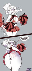 1boy 1girls anthro ass ass_slap big_ass cheerleader cheerleader_uniform clothed clothing english_text goat goat_lucifer_(helltaker) hand_print heart helltaker horn looking_back lucifer_(helltaker) ohudraws short_skirt slap slap_mark spanking speech_bubble surprised text thick_thighs white_fur