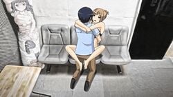 1boy animated arms_around_neck big_breasts blush body_pillow boss brown_hair busty chair cloth clothed_male clothed_sex clothing ero_manga!_h_mo_manga_mo_step-up female gif leg_lock office office_lady pillow table