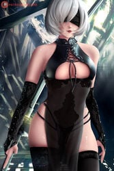 armlets axlone black_dress dress lipstick nier:_automata see-through_dress stockings sword white_hair yorha_2b