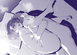 1boy antenna_hair commentary_request curly_hair female from_above hair_over_one_eye highres hug humiyou idolmaster idolmaster_million_live! lying monochrome nude on_bed on_side open_mouth pillow pussy_juice saliva sex shadow short_hair sweat toyokawa_fuuka upright_straddle