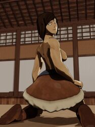 1girls 3d abs athletic athletic_female avatar_legends blue_eyes boots clothing dark-skinned_female dark_skin female female_only fit korra looking_at_viewer medium_breasts nipples pinup skirt smooth_skin solo squatting squirrel3d the_avatar the_legend_of_korra topless water_tribe