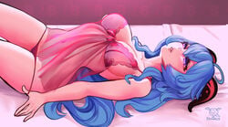 bed blue_eyes blue_hair female female_only ganyu_(genshin_impact) genshin_impact horns lingerie negligee pink_lingerie string_panties sunsetniva