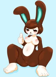 animal_crossing anus blush breasts brown_eyes brown_hair bunny carmen_(animal_crossing) female fur furry furry_only naked nintendo nude omenyanozero pussy rabbit simple_background solo tagme thumbs_up