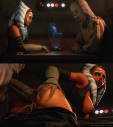 1boy 1girls ahsoka_tano alien ass ass_grab bar before_and_after bent_over bent_over_table blue_eyes breasts breasts_out cantina chair clothed clothed_sex clothing crossbowpussycat cum duo facial_markings female from_behind hairy hand_on_ass hand_on_own_ass happy headband hetero hologram indoors intersex looking_at_another male medium_breasts money open_mouth orange_skin pants pants_down penis prostitution sex shirt_down sitting sitting_on_chair smile smirk standing star_wars straight table teeth the_mandalorian togruta vambraces wookiee yellow_eyes