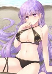 1girls absurdly_long_hair absurdres beach bikini black_bikini breasts cleavage collarbone commission eyebrows_visible_through_hair female fire_emblem fire_emblem:_the_binding_blade fujiwara_minaho hand_on_own_face highres huge_filesize large_breasts long_hair navel nintendo ocean purple_eyes purple_hair sand shore sitting smile solo solo_female sophia_(fire_emblem) swimsuit thigh_strap underboob very_long_hair water