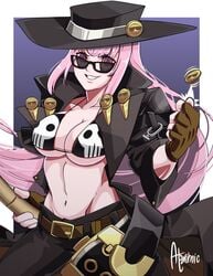 atomicastro21 belt big_breasts bones cleavage coin cosplay cowgirl female fingerless_gloves guilty_gear hat hololive hololive_english hololive_myth jacket johnny_(guilty_gear) long_hair looking_at_viewer looking_over_eyewear looking_over_glasses mori_calliope navel pants pink_eyes pink_hair red_eyes signature smile solo sunglasses tagme tinted_eyewear virtual_youtuber