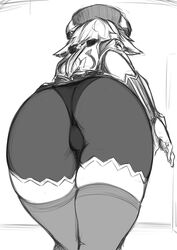 1girls ass ass_focus bike_shorts genshin_impact greenopi huge_ass monochrome short_hair solo sucrose_(genshin_impact) thighhighs