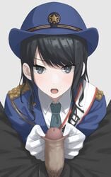 1boy bangs black_eyes black_hair black_pants blue_eyes blue_headwear blue_jacket blush collared_shirt dress_shirt epaulettes eyebrows_visible_through_hair female foreskin foreskin_play foreskin_pull frown gloved_handjob gloves hat highres idolmaster idolmaster_shiny_colors intact jacket japanese_police_uniform kaminari_doon kazano_hiori long_hair long_sleeves looking_at_viewer male_pubic_hair mole mole_under_mouth mosaic_censoring necktie open_mouth open_pants pants partially_retracted_foreskin penis police police_hat police_uniform policewoman pov pubic_hair shirt small_penis swept_bangs uncut uniform white_gloves white_shirt