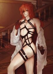 1boy bishonen diluc_(genshin_impact) eye_patch genshin_impact gloves henta lingerie long_hair_male male_in_lingerie male_only red_hair self_upload