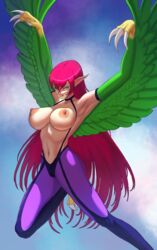 1girls anihenart areola areolae armpit armpits arms_above_head big_breasts breasts breasts_out claws elf_ears exposed_breasts female female_only harpie_lady harpy leggings looking_at_viewer pink_hair pointy_ears solo topless topless_female very_long_hair wings yu-gi-oh!