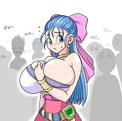 1girls bare_shoulders big_breasts blue_eyes blue_hair blush bow breast_expansion breasts clothing crowd dragon_quest dragon_quest_v embarrassed flora_(dragon_quest) haruozi large_breasts long_hair nera_briscoletti overflowing_breasts tagme