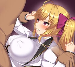 1boy 1girls ahoge angry bar_censor beriiwaadoroko blazer blonde_hair blush bow breasts censored clenched_teeth clothed_female_nude_male clothed_sex collared_shirt commentary covered_nipples dark-skinned_male dark_skin disembodied_limb embarrassed eyebrows_visible_through_hair female gradient gradient_background hair_between_eyes hairbow highres interracial jacket large_breasts light-skinned_female light_skin long_hair long_sleeves naked_male nijisanji nude open_clothes open_jacket outline paizuri paizuri_under_clothes penis perpendicular_paizuri pinned_down purple_background purple_bow purple_eyes rape restrained school_uniform schoolgirl schoolgirl_uniform scowl sex shirt simple_background solo_focus straight_hair takamiya_rion teenage_girl teenager teeth twintails upper_body virtual_youtuber white_jacket white_shirt wing_collar wrist_grab