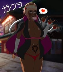 1girls big_breasts bimbo black_clothing blonde_hair breath dark_skin eroticaquatic fellatio_gesture fire_emblem fire_emblem_fates gyaru hand_gesture headband heart_eyes large_breasts makeup night nintendo nipple_bulge pink_hair pubic_tattoo sakura_(fire_emblem) solo_female suggestive tattoo thick_thighs tongue tongue_out white_lipstick