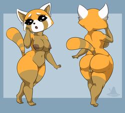 aggressive_retsuko ailurid anthro ass big_breasts big_butt breasts female genitals huge_butt looking_at_viewer mammal nipples nude pussy red_panda retsuko sanrio shocked simple_background smooth_fur solo standing standing_tough thick_thighs wide_hips