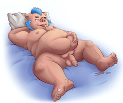 2021 absurd_res anthro balls bed blue_hair brown_body flaccid furniture genitals gouryou hair hi_res humanoid_genitalia humanoid_hands humanoid_penis lying male male_only mammal moobs nipples overweight overweight_anthro overweight_male penis pillow snowhip solo suid suina sus_(pig) tokyo_afterschool_summoners tongue tongue_out video_games wild_boar