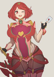 1girls ass_visible_through_thighs big_breasts curvy envelope fully_clothed huge_breasts invitation looking_at_viewer mature_female nuezou pantyhose pyra red_eyes red_hair short_hair smash_invitation super_smash_bros. sword thick_thighs thigh_gap thighhighs wink winking_at_viewer xenoblade_(series) xenoblade_chronicles_2