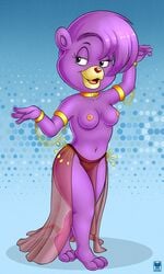 adventures_of_the_gummi_bears anthro barefoot breasts clothing collar dancing disney female fiona_gummi_(fan_character) fur gold_(metal) hi_res mammal nipples onzeno purple_body purple_fur red_nose simple_background slave smile solo translucent translucent_clothing ursid young