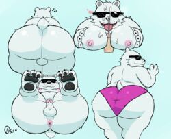 anus ass balls big_butt bodily_fluids breasts chubby_male clothing cum cum_on_breasts cum_on_face eyewear genital_fluids genitals hi_res hindpaw ice_climber male mammal moobjob moobs nintendo nipples pawpads paws pecjob pecs penis polar_bear polar_bear_(ice_climber) presenting shikapandakuma solo sunglasses thick_thighs tongue tongue_out underwear ursid ursine video_games