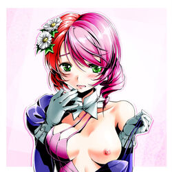 1girls 2d alisa_bosconovitch android areolae bandai_namco blush blushing breasts crying female female_only flower flower_in_hair gloves green_eyes hair_flower hair_ornament kyo9999 multicolored_hair nipples one_breast_out pink_hair short_hair solo tears tekken