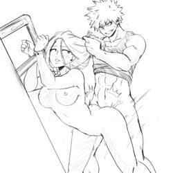 1boy 1girls angry_sex arms_tied big_breasts bondage breasts camie_utsushimi female female_dominated female_penetrated femsub from_behind hair_grab hair_pull handcuffs hands_tied katsuki_bakugou light_bondage line_art male male_dominating male_domination maledom monochrome my_hero_academia nightlykrumbs nipples nude nude_female rough_sex sex standing standing_sex straight sweat uncensored