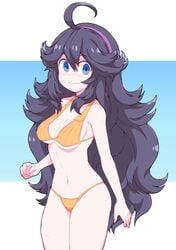 ahoge bikini blue_eyes blush breasts cleavage collarbone eyebrows_visible_through_hair female game_freak hairband hex_maniac highres long_hair looking_at_viewer medium_breasts navel nintendo npc_trainer orange_bikini pokemon pokemon_(game) pokemon_xy purple_hair purple_hairband ringed_eyes smile solo stomach sweat sweatdrop swimsuit wavy_mouth yokoyoko