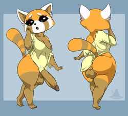 aggressive_retsuko ailurid anthro ass balls big_breasts big_butt bottomless breasts clothed clothing genitals gynomorph huge_butt intersex looking_at_viewer mammal nipples red_panda retsuko sanrio shirt shocked simple_background smooth_skin solo standing standing_tough thick_thighs topwear wide_hips