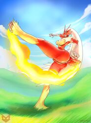 4_fingers anthro anus avian blaziken blonde_hair breasts cloud female fingers fire genitals grass hair hi_res kick long_hair nasty-pink nintendo nipples plant pokemon pokemon_(species) pussy solo talons tongue tongue_out video_games