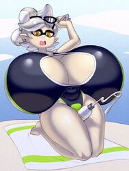 1girls angstrom beach beach_towel big_breasts boob_window brown_eyes cleavage cleavage_cutout female female_only huge_breasts hyper hyper_breasts leaning_back light-skinned_female light_skin marie_(splatoon) mouth_open nintendo on_knees smooth_skin solo solo_female splatoon squid_sisters sunglasses sunglasses_on_head sunscreen swimsuit top_heavy white_hair