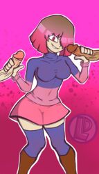 2boys bete_noire big_breasts big_penis chara clothed clothing double_handjob female frisk glitchtale handjob loodie_doodie nipples penis pink_eyes pink_hair smirk thick_thighs thighhighs undertale undertale_fanfiction