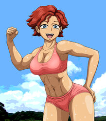 1girls abs blue_eyes breasts brita_(overlord) buruma cleavage female female_only highres kyamuwoo muscular_female outdoors overlord_(maruyama) red_hair short_hair shorts smile solo sports_bra sweat tan_skin tomboy toned