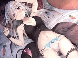 1girls bed demon dress gray_hair horns long_hair navel original panties pointed_ears purple_eyes pussy_juice pussy_juice_stain succubus tail tomoo_(tomo) underwear wet_panties wings