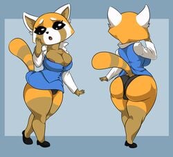 absurd_res aggressive_retsuko ailurid anthro ass big_breasts big_butt bottomwear breasts clothed clothing female footwear fur hi_res huge_butt looking_at_viewer mammal nipples open_mouth panties red_panda shirt shocked shoes simple_background skirt smooth_fur solo standing_tough thick_thighs topwear underwear wide_hips