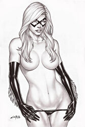 1girls 2015 black_cat_(marvel) black_gloves breasts carlos_braga eyemask felicia_hardy female hair_covering_breasts half_naked half_nude lipstick long_hair marvel panties_down pinup sketch solo spider-man_(series) white_background