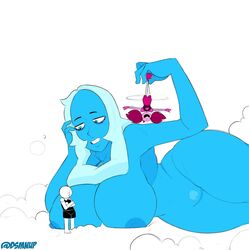 anon big_breasts blue_diamond_(steven_universe) blue_eyes blue_nipples blue_skin breasts busty cartoon_network dsmnup gem_(species) giantess huge_breasts larger_female light_blue_hair spinel_(steven_universe) steven_universe thick_legs thick_thighs