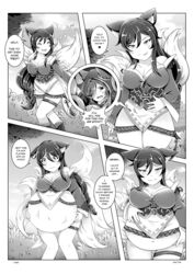 ahri big_belly big_breasts black_and_white cleavage comic digestion english_text female_only fox_ears fox_tail giantess inside_view kitsune league_of_legends lulu_the_fae_sorceress musical_note page_1 sho-tan shrinking size_difference stomach_bulge vore wide_hips yordle