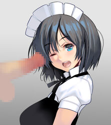 absurdres black_hair blue_eyes censored eye_socket highres looking_at_viewer maid maid_headdress masao mosaic_censoring open_mouth original penis short_hair smile