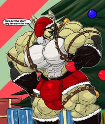 2018 absurd_res anthro bell belt big_bulge big_muscles big_pecs black_nipples boots bottomwear bulge canid canine canis christmas christmas_clothing christmas_headwear christmas_tree clothing dallas_the_swolgi decoration dialogue domestic_dog earpiece english_text facial_piercing fierglief footwear gift gloves grin handwear hat headgear headwear herding_dog hi_res holding_object holidays huge_bulge huge_muscles hyper hyper_bulge hyper_muscles lip_piercing looking_at_viewer male mammal muscular muscular_anthro muscular_male nipples nose_piercing pants pastoral_dog pecs piercing plant santa_hat smile solo speech_bubble standing text tree welsh_corgi