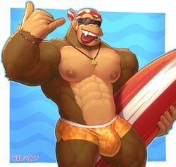 1boy abs anthro banana bandage bandana bara beefy big_bulge big_muscles big_nipples big_penis body_fur bulge collar donkey_kong_(series) flaccid funky_kong fur furry gay gorilla hand_sign hang_loose_hand_sign male male_nipples male_only manly masculine muscular_male necklace nintendo pecs primate shaggy_fur shirtless solo solo_male sunglasses surfboard surfer swimsuit swimwear teeth_showing tongue tongue_out topless underwear wolf_con_f