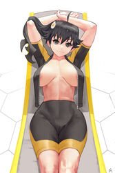 abs araragi_karen arms_up black_hair breasts cameltoe cleavage cutesexyrobutts_(style) female female_focus female_only hair_ornament monogatari_(series) no_bra simple_background solo solo_focus tight_clothes white_background zefra_bleu