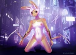 2021 anthro arm_blades biped blue_eyes blush breasts cybernetic_arm cybernetic_leg cybernetic_limb cybernetics cyberpunk_2077 cyborg detailed_background english_text female genitals inner_ear_fluff kneeling lagomorph leporid machine mammal mantis_blades nipples nude open_mouth pink_nipples pussy rabbit romanginzburg signature solo text tuft weapons yellow_body