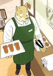 2021 absurd_res anthro apron bakery bottomwear bread brown_body brown_fur canid canine canis clothing detailed_background domestic_dog food fur hayahaya hi_res inside kemono male male_only mammal pants shirt solo topwear