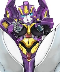 1girls alien alien_girl between_legs big_breasts blue_eyes breasts busty embarrassed female female_only looking_at_viewer machine mechanical nautica partially_clothed purple_lips purple_lipstick robot robot_girl solo thick_legs thick_thighs transformers transformers_idw wings