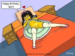 bed black_hair female hairbow jessica_lovejoy jimmy no_panties stockings the_simpsons